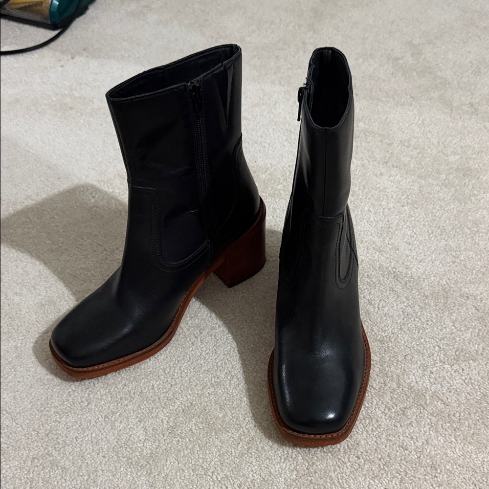 Black Faux-Leather Ankle Heeled Boots
